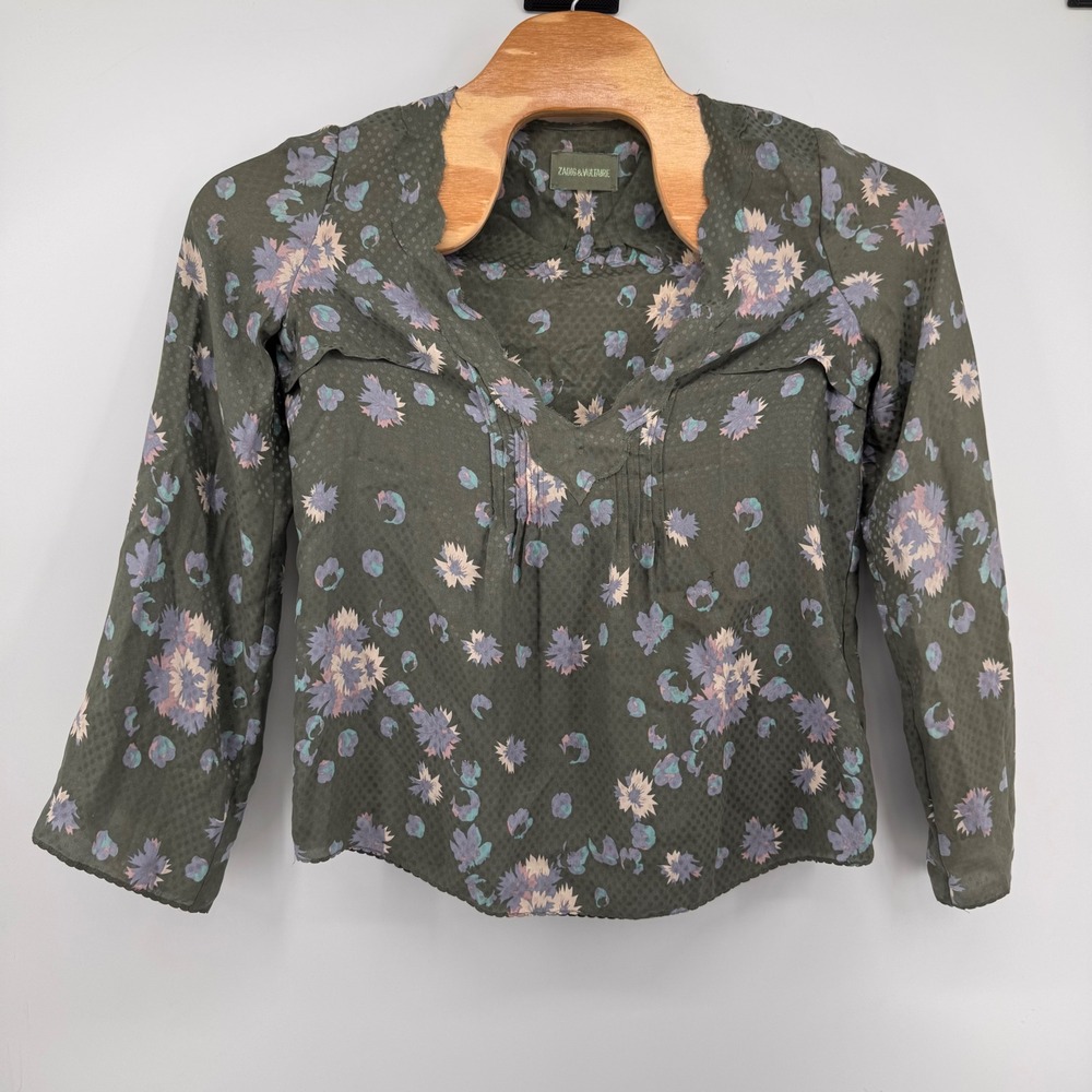 Zadig & Voltaire Tina Print Blouse Women Med Green‎ Silk Floral V-Neck ZCS3201F - Picture 2 of 8